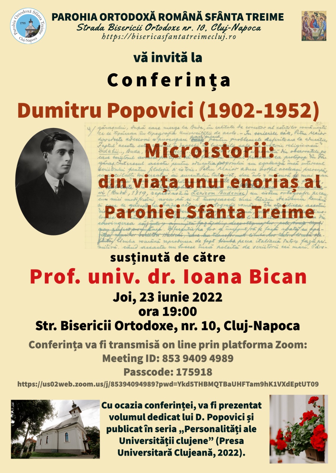 Conferința din 23 iunie, ora 19, cu titlul „Dumitru Popovici (1902-1952)